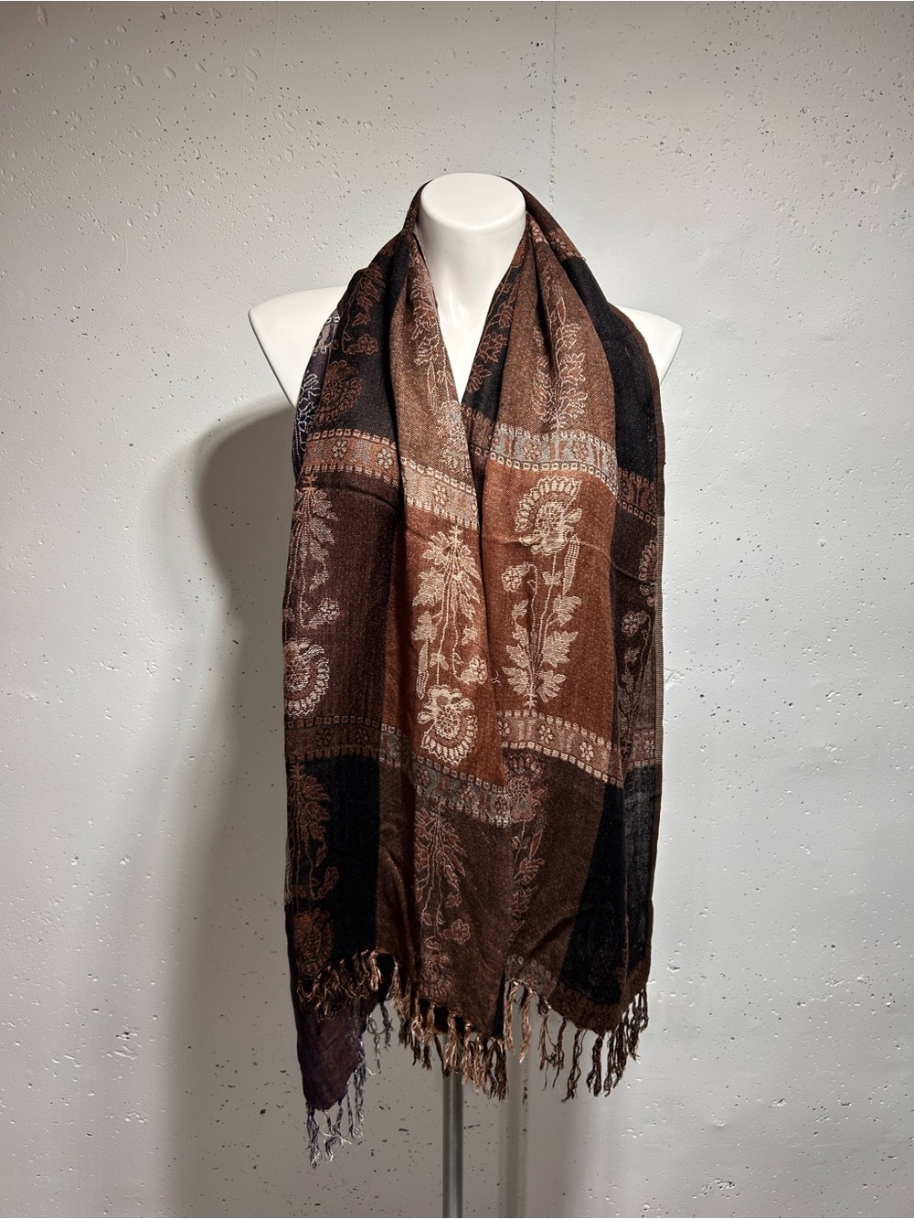 Shades of Brown & Black Floral Pattern Fringed Scarf Shawl